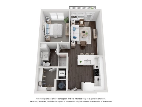 Floor plan for 1 bed, 1 bath, 613 sqft